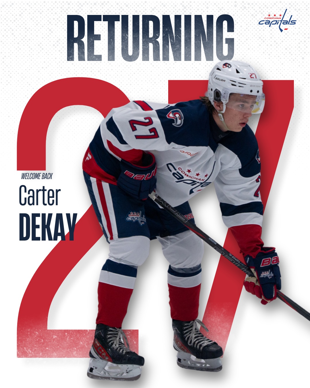 𝗥𝗘𝗧𝗨𝗥𝗡𝗜𝗡𝗚 | 𝗖𝗔𝗥𝗧𝗘𝗥 𝗗𝗘𝗞𝗔𝗬

Carter's back!

Defenceman Carter DeKay returns to Cowichan for the 2026-27 season after recording nine goals and 23 points in 42 games last year.

#ALLCAPS