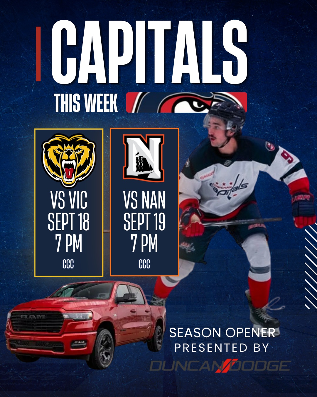 Itβs finally here β Opening Weekend!
The 2026-27 regular season gets underway this Friday as we welcome the Victoria Grizzlies to the Cowichan Community Centre for our Home Opener, presented by @duncan_dodge!
Friday, Sept. 18 | 7 PM
vs. Victoria Grizzlies
Home Opener presented by Duncan Dodge
Saturday, Sept. 19 | 7 PM
vs. Nanaimo Clippers
See you at the CCC. Letβs get this season started! π΄βͺπ΅
ποΈ Tickets available now at cowichancapitals.com