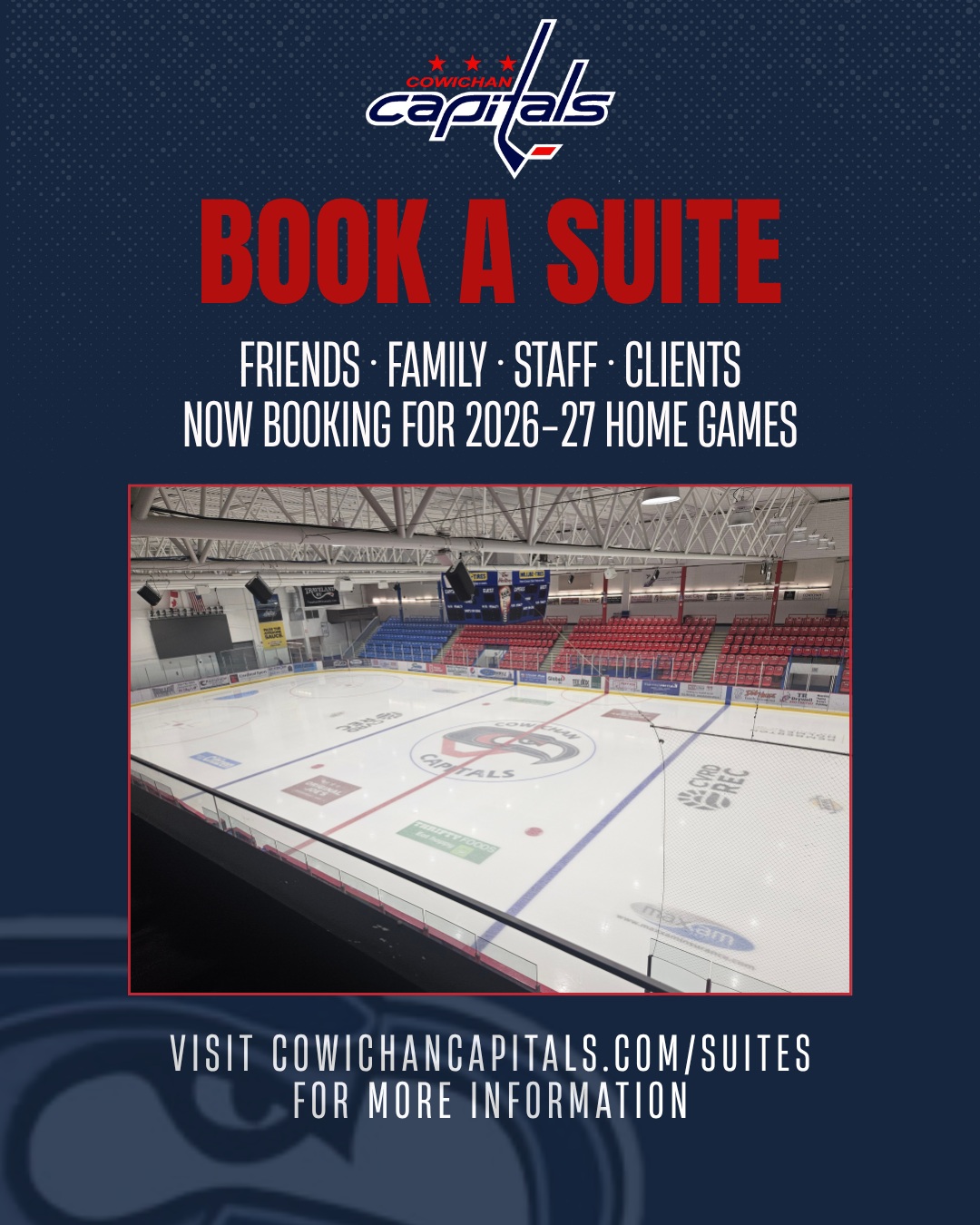 CATCH THE CAPS FROM THE BEST SEAT IN THE HOUSE
Looking for a different way to experience a Capitals game?
Book a private suite at the Cowichan Community Centre and enjoy the game with friends, family, coworkers or clients from your own space!
Whether itβs a birthday, staff night, client outing or just a night at the rink with your crew, make your next Caps game a little more special.
π Private suite for a Capitals home game
π» Food & beverage options available
ποΈ Great for groups, businesses and special occasions
π
Limited availability throughout the 2026-27 season
π© Interested in booking a suite? Contact cowichancapitals.com/suites for more information!