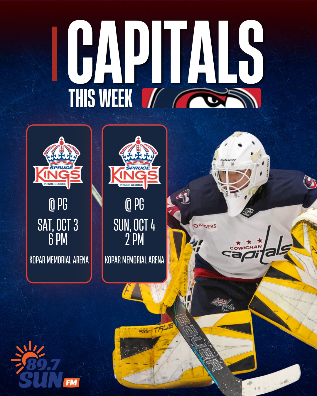 Spending the weekend in Prince George!
The Caps are headed north for a pair of games against the Prince George Spruce Kings.
π
Saturday, Oct. 3 | 6 PM
π
Sunday, Oct. 4 | 2 PM
π Kopar Memorial Arena
π» Catch both games live on 89.7 Sun FM and FloHockey with Nicholas Arnold on the call.