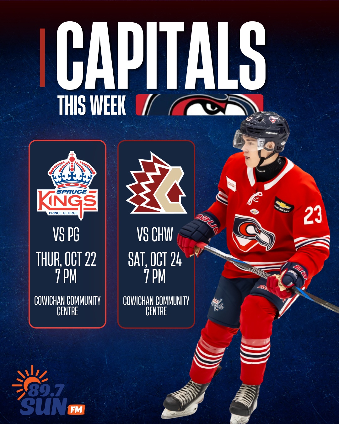 WE'RE FINALLY HOME!
After a lengthy road trip, the Capitals return to the Cowichan Community Centre for a pair of home games this week!
Thursday, Oct. 22 vs. Prince George Spruce Kings | 7 PM
Saturday, Oct. 24 vs. Chilliwack Chiefs | 7 PM
Let's pack the CCC and give the boys a warm welcome home!
🎟️ Tickets available at cowichancapitals.com
📸 @island_images_photography
#ALLCAPS